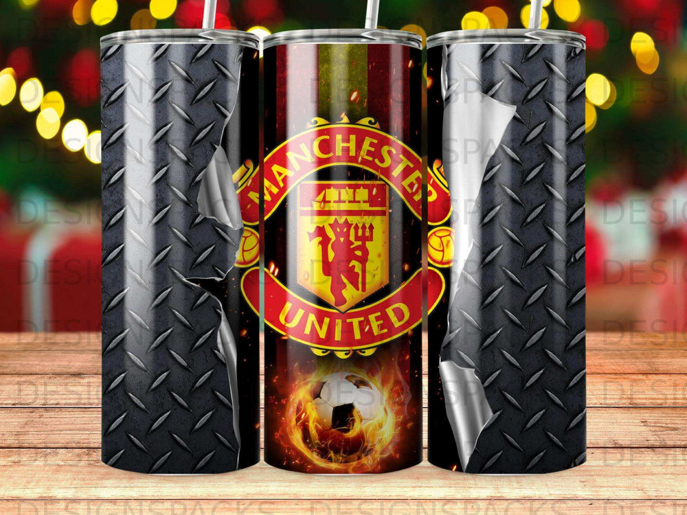 Manchester United logo on a fiery background with a diamond plate texture.