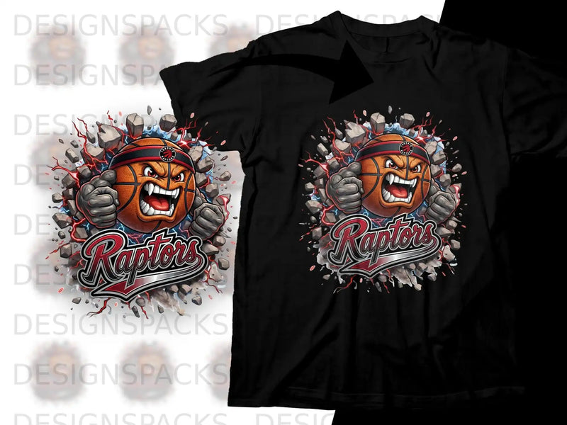 Basketball character with Raptors logo bursting through a rocky background.