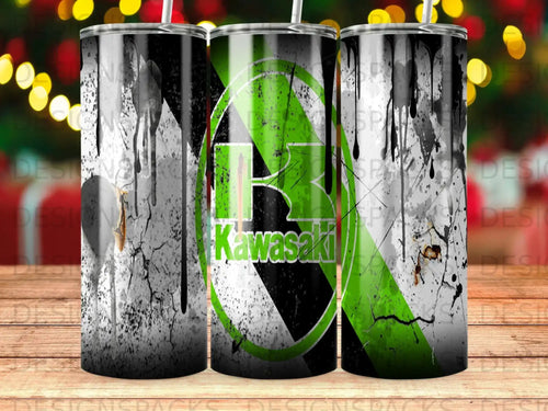 Kawasaki logo on grunge textured tumbler with green and black drip design.