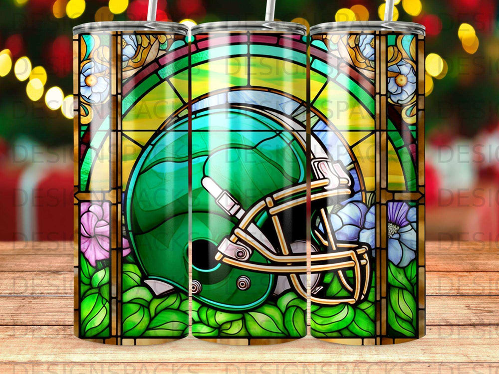 Green football helmet with floral stained glass pattern.