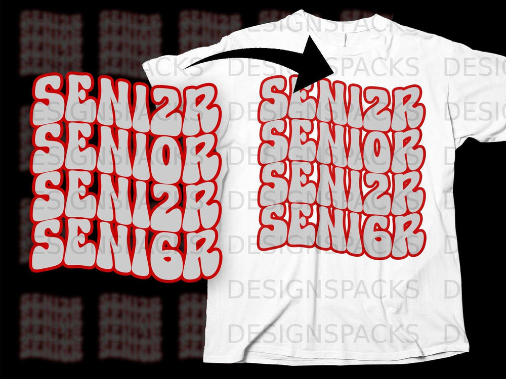 White t-shirt with repeating "SENIOR" text in bubble letters with red outline.