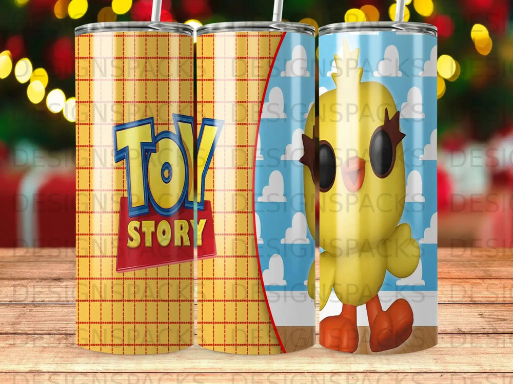 Toy Story tumbler with repeating pattern and character silhouettes.