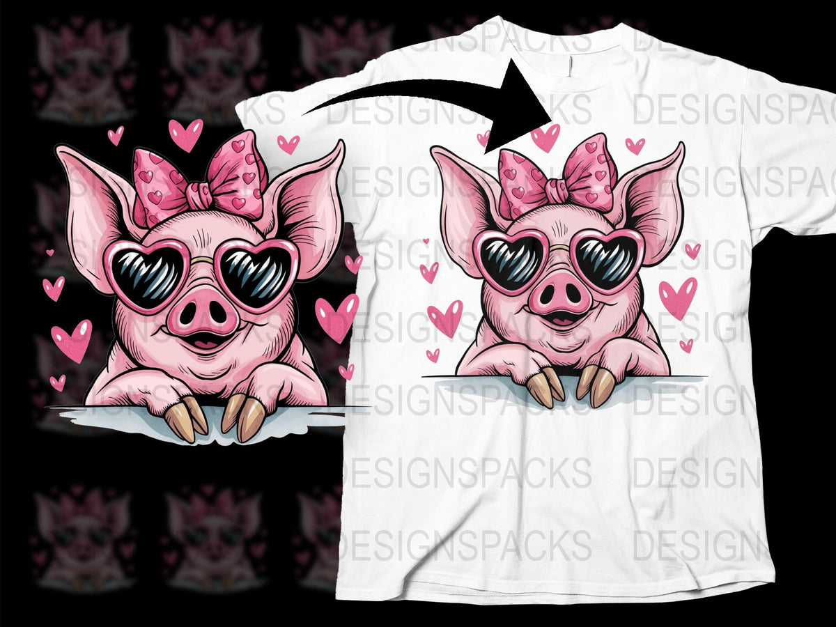 Cute Pink Pig T-Shirt with Hearts and Bow, Fun Animal Graphic Tee, Kids and Adults Sizes Available