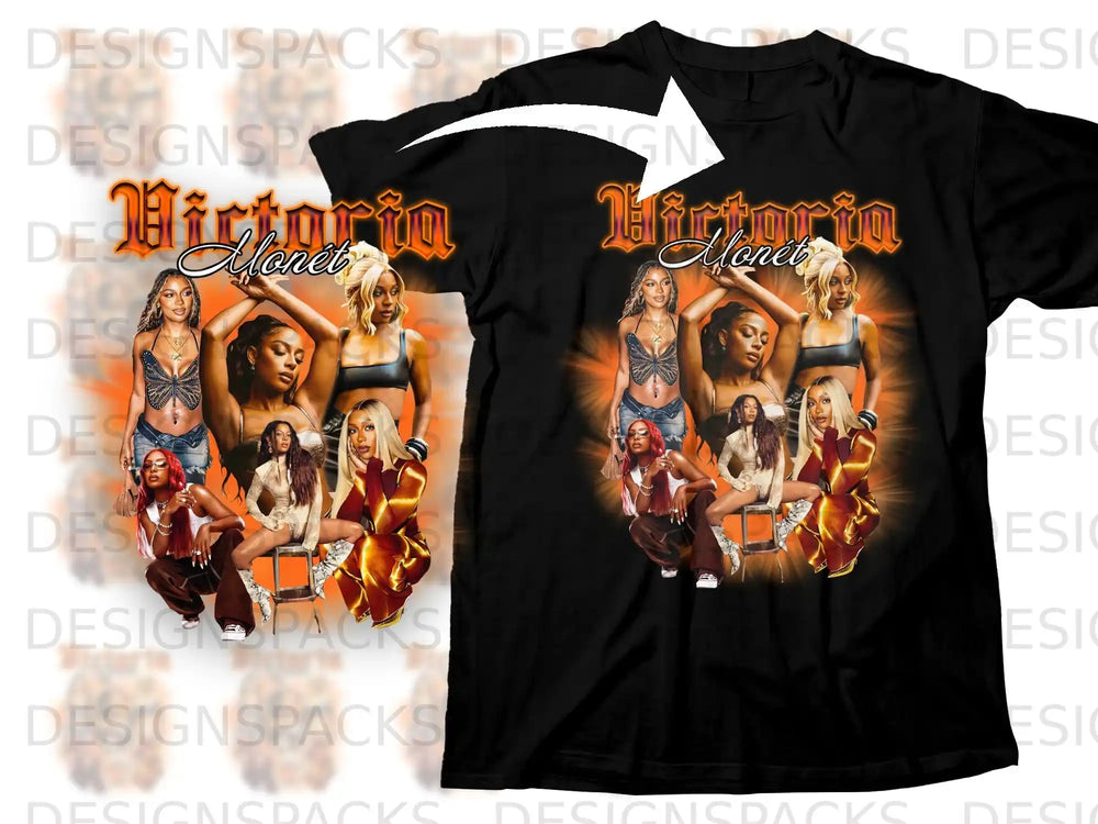 Black t-shirt with "Victoria Monet" and images of the artist.