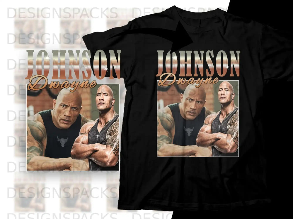 Dwayne Johnson graphic tee, featuring two portraits of the wrestler.