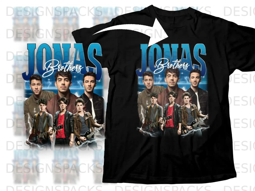 Jonas Brothers band members on a black t-shirt.