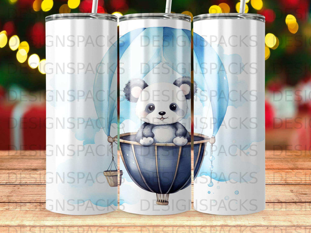 Panda in hot air balloon with blue sky background.