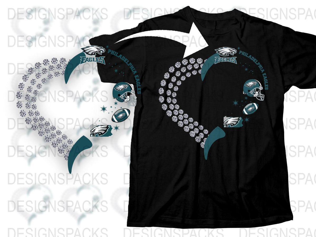 Philadelphia Eagles Inspired T-Shirt, Sports Fan Rhinestone Design, Casual Wear, Black Tee, Football Gear