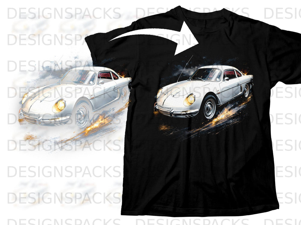 White vintage Alpine car graphic with fiery exhaust trail on black t-shirt.