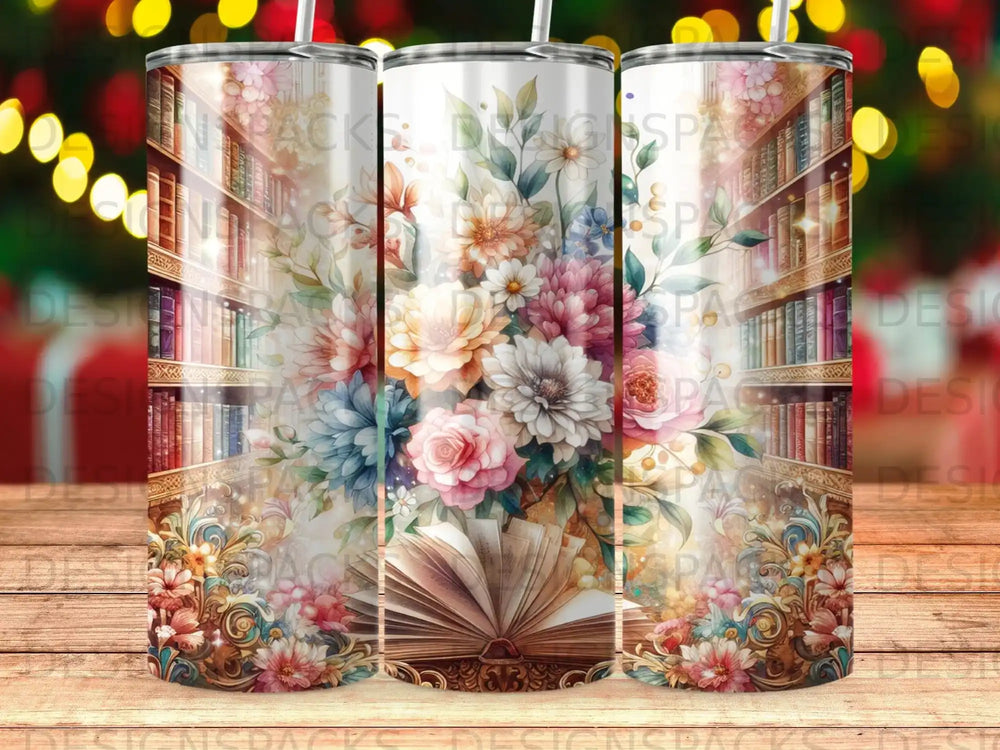 Open book with floral bouquet and bookshelves, rendered on a tumbler.