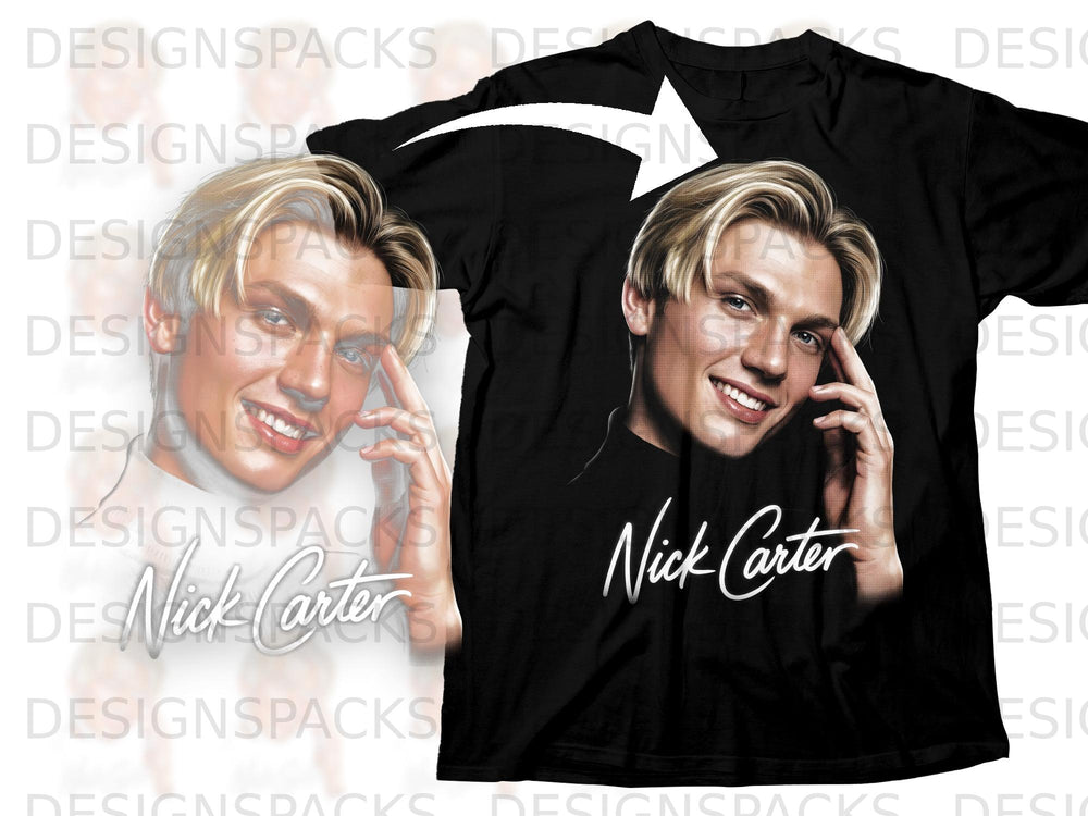 Black t-shirt with a portrait and signature of Nick Carter.