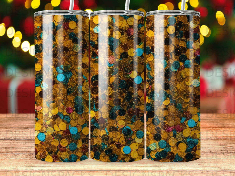 Three tumblers with a gold and blue glitter confetti pattern.