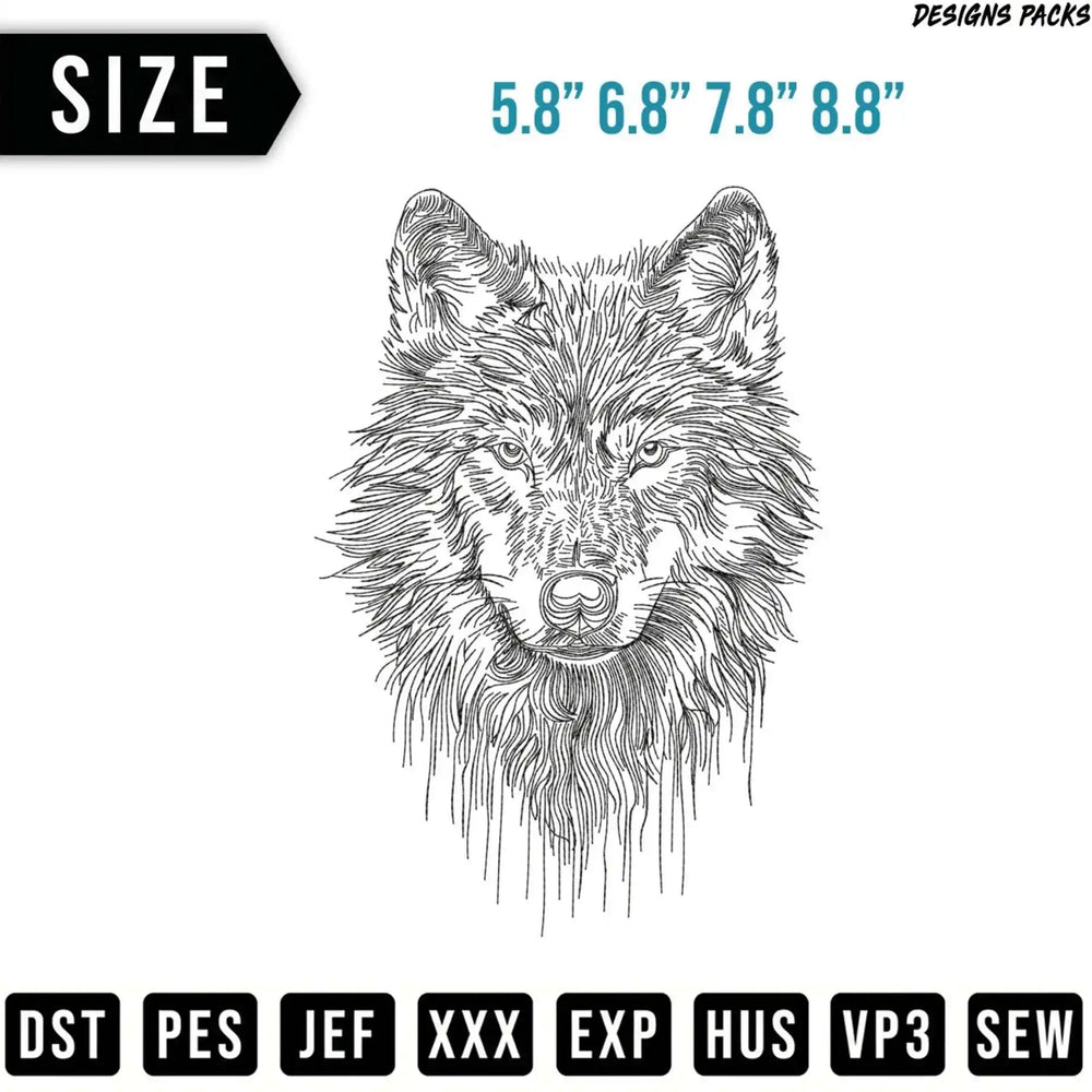 Embroidery design of a wolf head with size options and file formats listed.