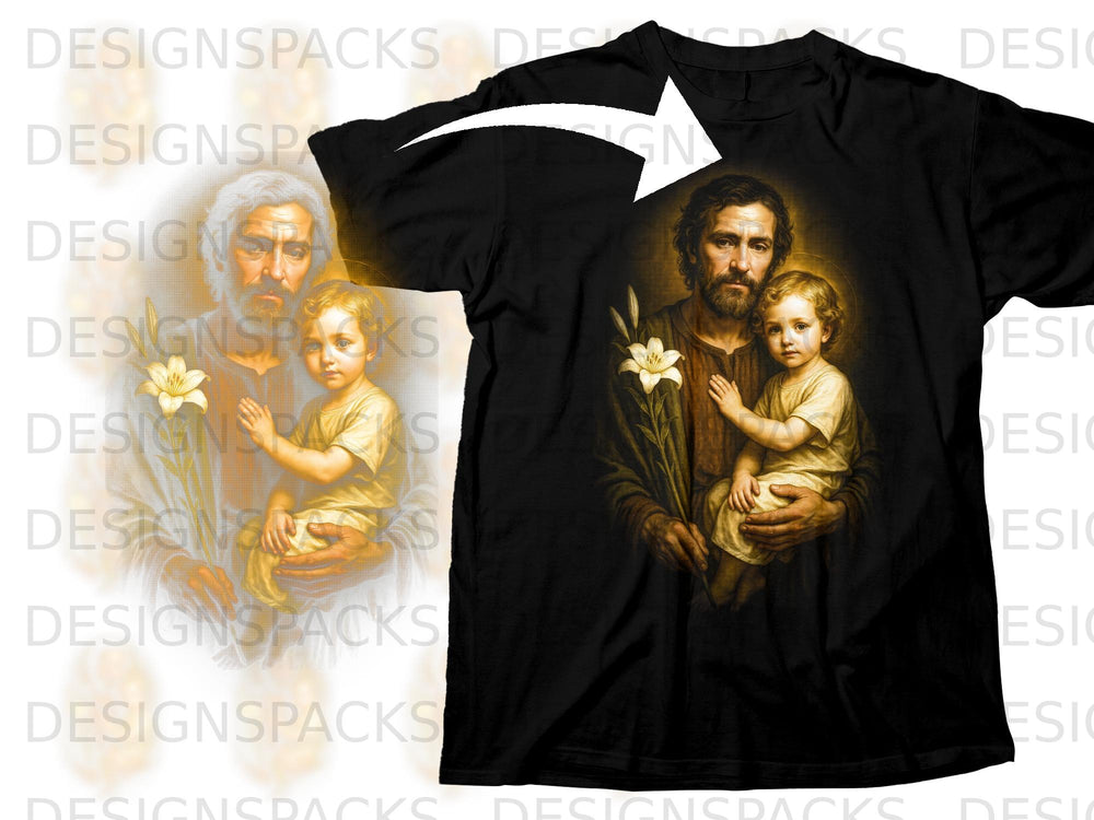 Saint Joseph holding the Christ child with a lily on a black t-shirt.