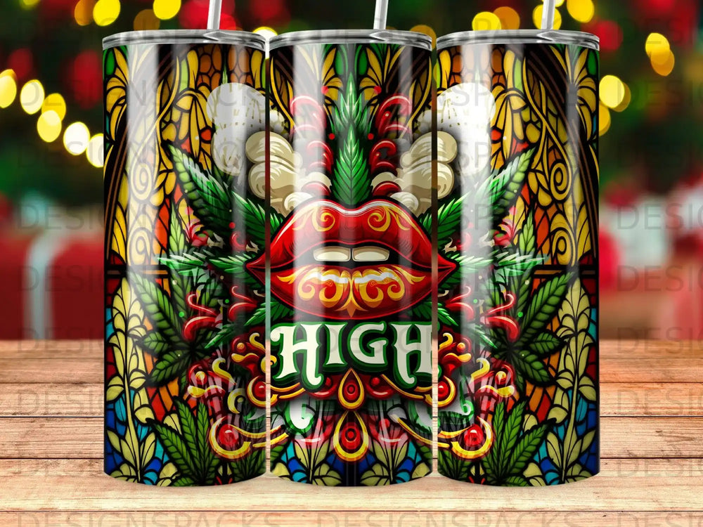 Stained glass lips and marijuana leaves on a sublimation tumbler.
