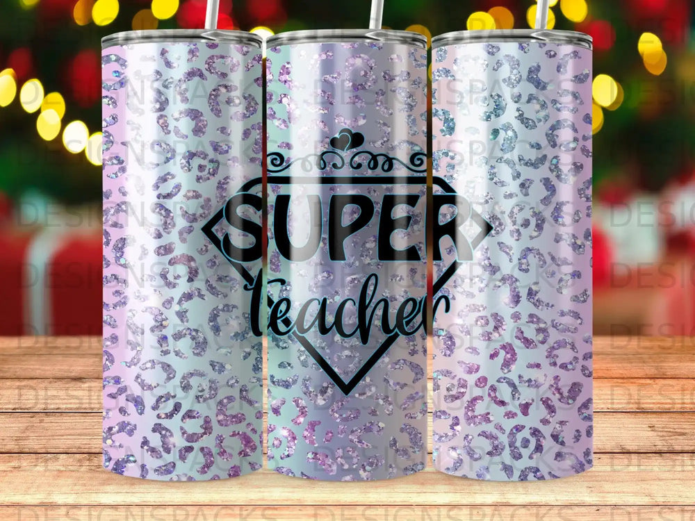 Tumbler with "Super Teacher" text on a leopard print background.