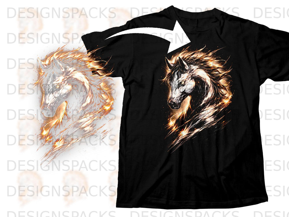 Black t-shirt with a fiery white horse graphic design on the chest.