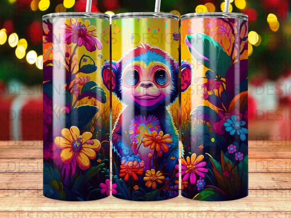 Colorful monkey with flowers and foliage on a patterned tumbler.