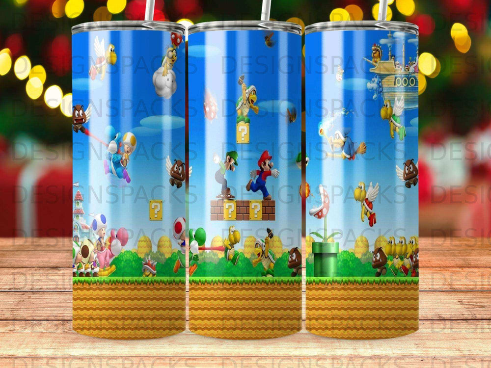 Mario and friends characters on a Super Mario Bros. world background.