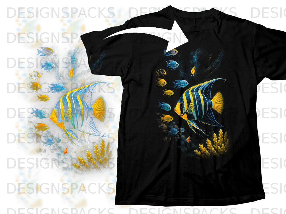 Black t-shirt with a vibrant print of a regal angelfish and small blue fish.