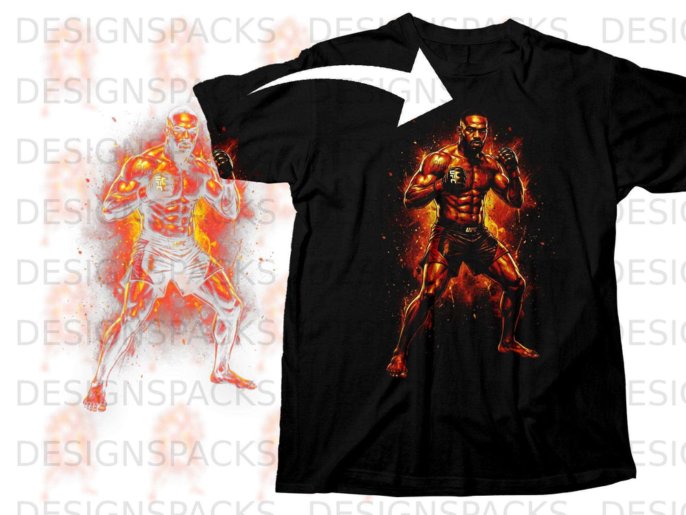 Black t-shirt featuring a UFC fighter illustration with fiery effects.