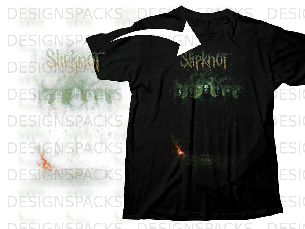 Black t-shirt with a Slipknot band logo and artwork featuring masked figures and fire.