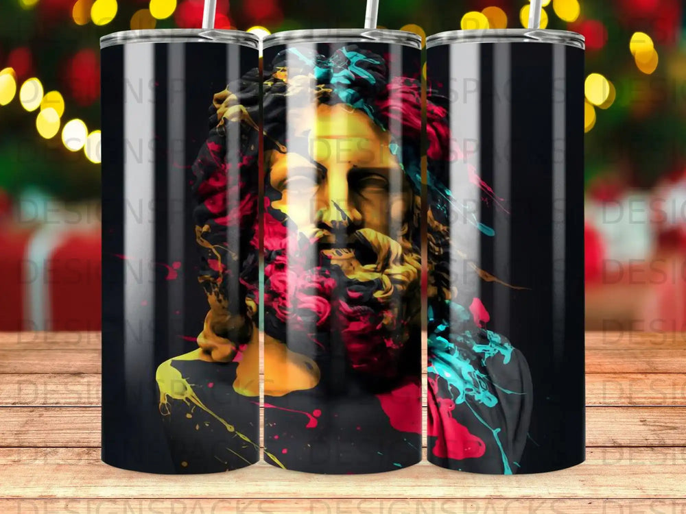 Bust of a man with vibrant, abstract paint splashes on a dark background.