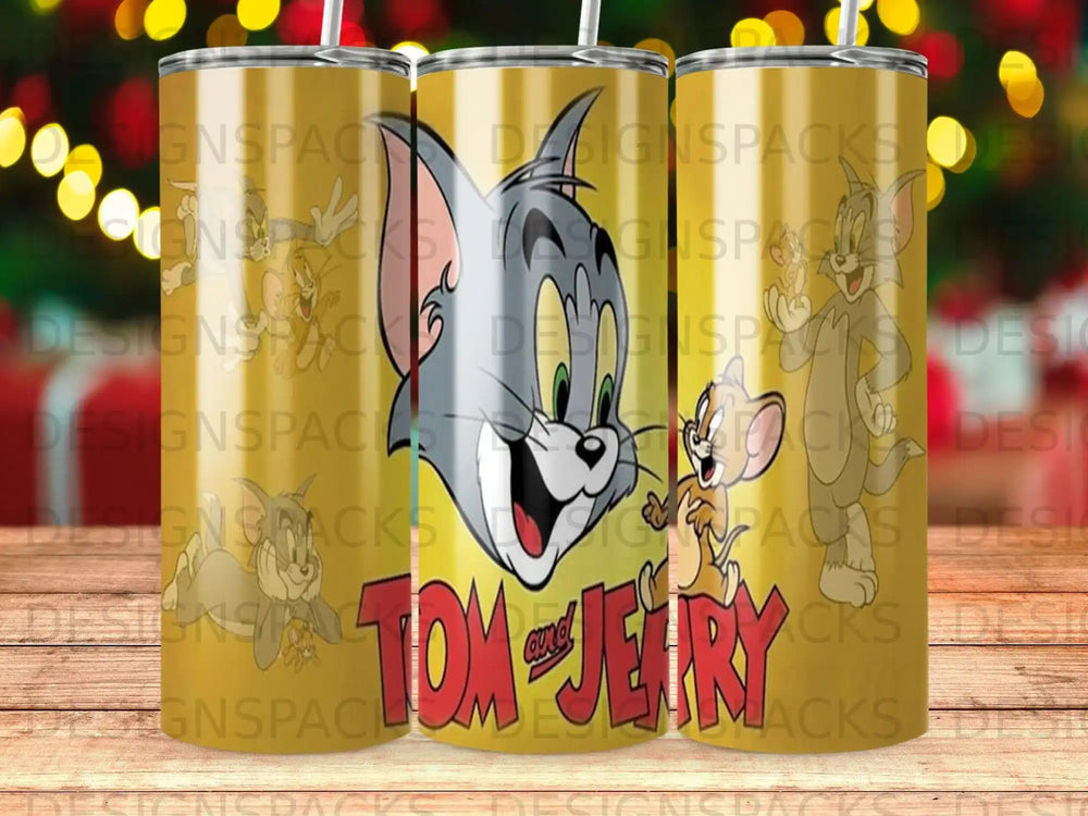 Tom and Jerry characters on a yellow tumbler with scattered text overlays.
