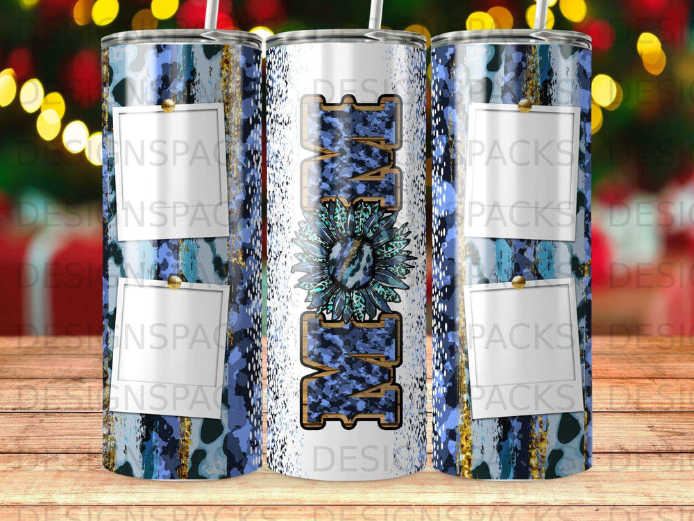 Blue and white marble tumbler with "Mom" in a floral and leopard print design.
