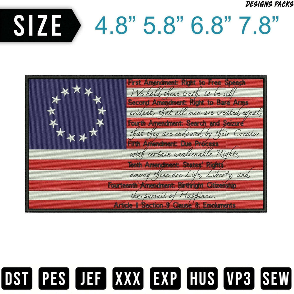 Embroidered US flag with Bill of Rights text and embroidery file formats.