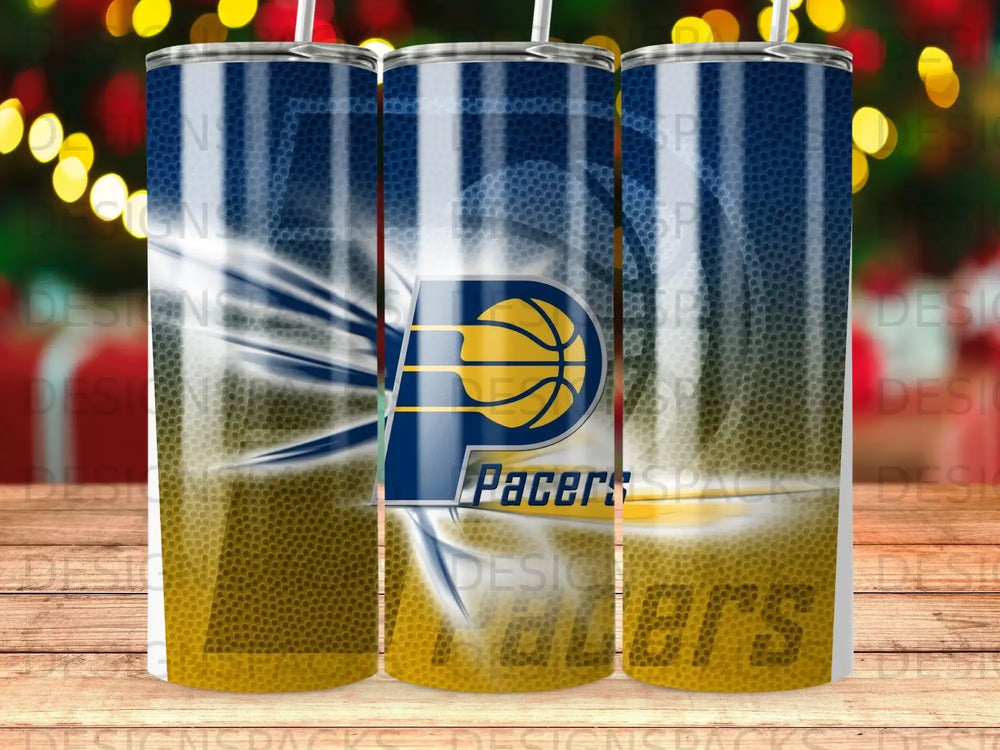 Indiana Pacers logo on a basketball-themed tumbler with blue and yellow stripes.