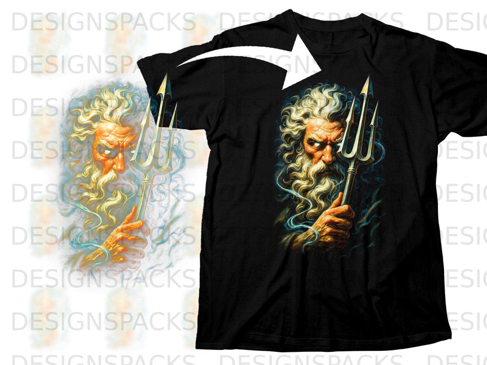 Black t-shirt with a dramatic illustration of an old man with a trident.