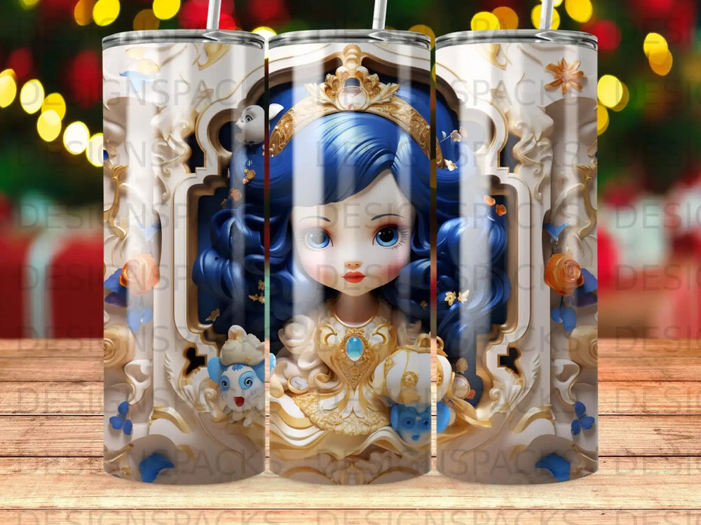 Blue-haired girl in golden dress with royal crown, surrounded by ornate white and gold frame.