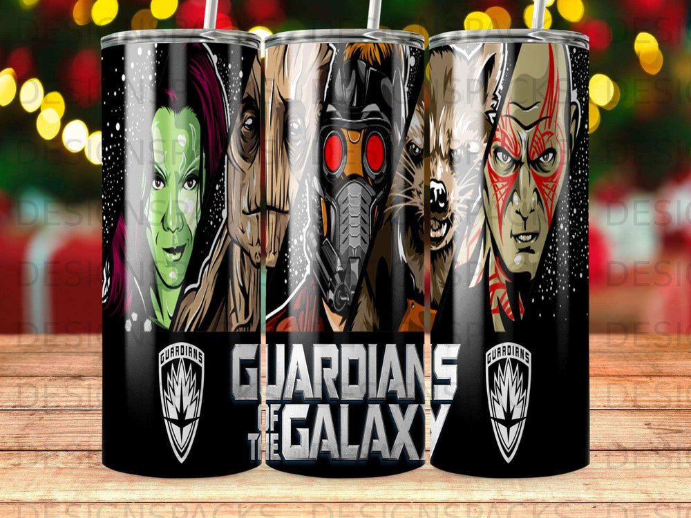 Guardians of the Galaxy characters on black tumblers with logo.