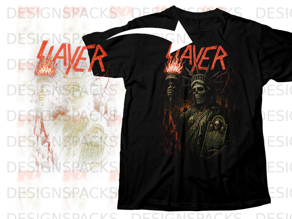 Black t-shirt with a skeletal Statue of Liberty and the word "SLAYER."