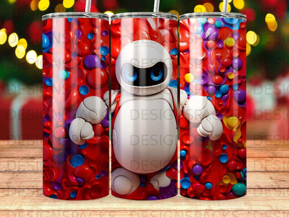 White robot with blue eyes among red and blue candy balls.
