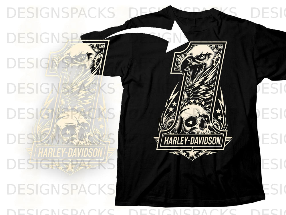 Black t-shirt with Harley-Davidson eagle and skull design on front.