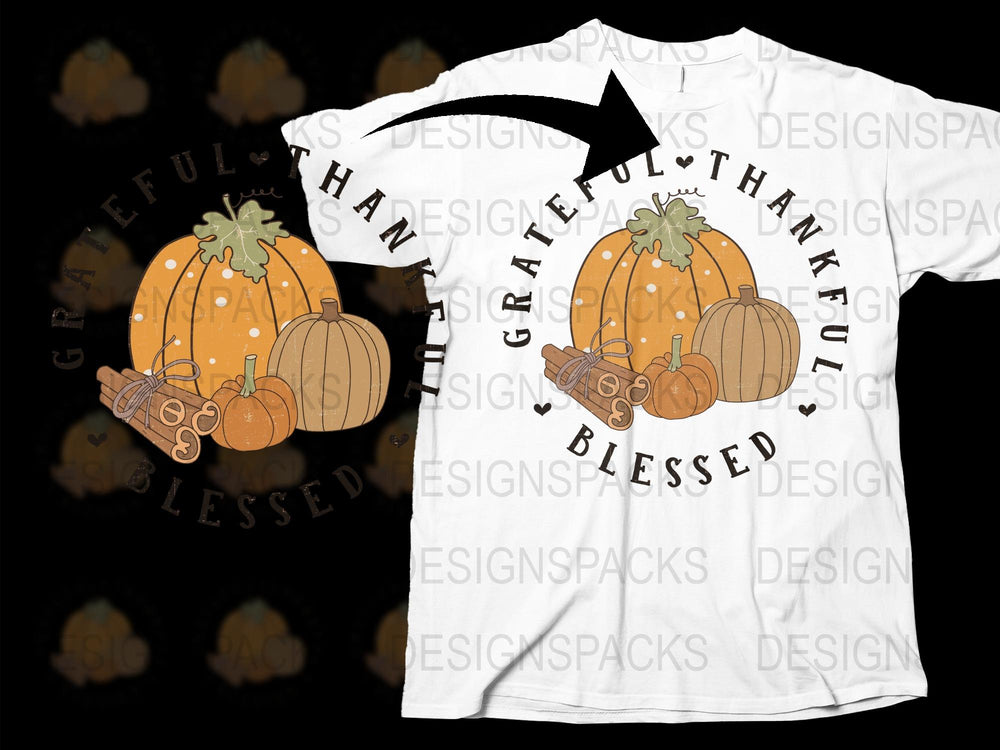 Grateful Thankful Blessed Pumpkin Fall T-Shirt, Thanksgiving Autumn Tee, Graphic Print Shirt for Men and Women