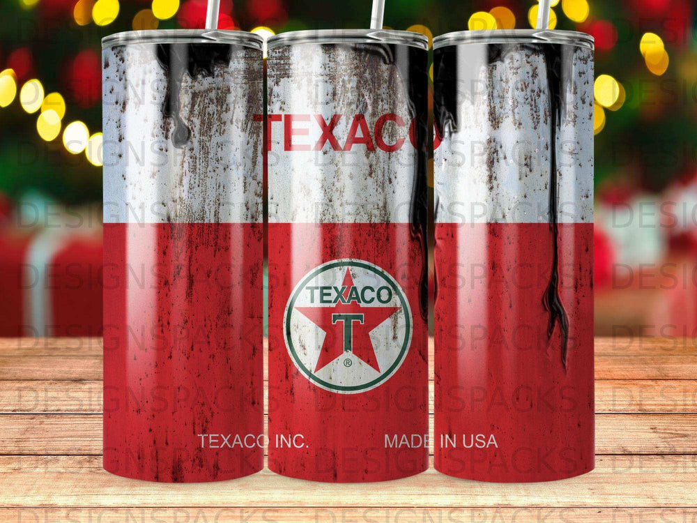 Texaco logo on a red and white striped tumbler with a distressed finish.