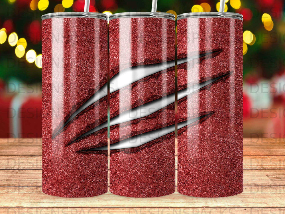 Red glitter tumbler with ripped claw marks and black shadowing.