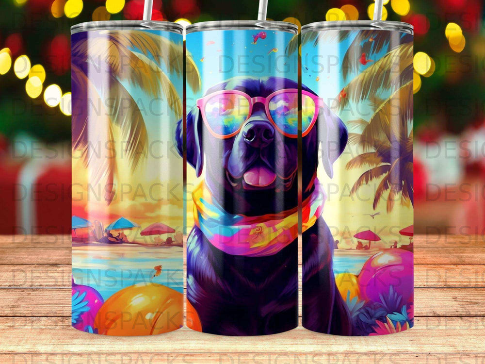 Black Labrador wearing sunglasses and a colorful bandana on a beach.