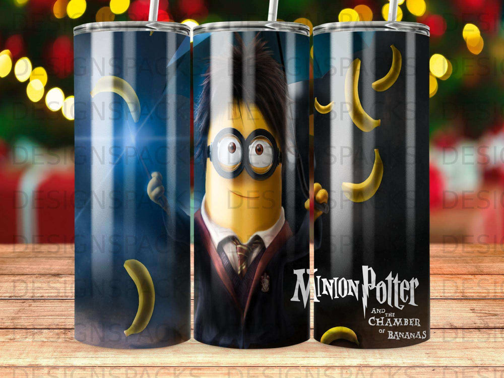 Minion dressed as Harry Potter with "Minion Potter and the Chamber of Bananas" text.