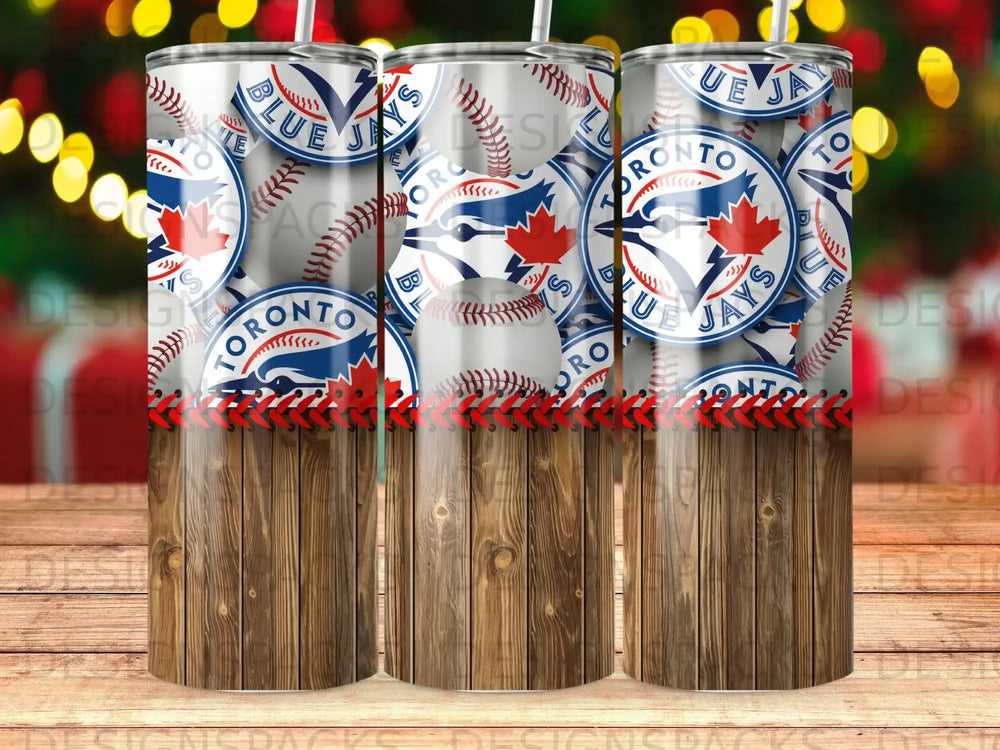 Toronto Blue Jays baseball tumbler with wood grain texture and red stitching.