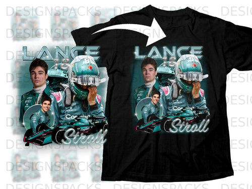 Aston Martin F1 driver Lance Stroll on a black t-shirt with BWT and Cognizant logos.