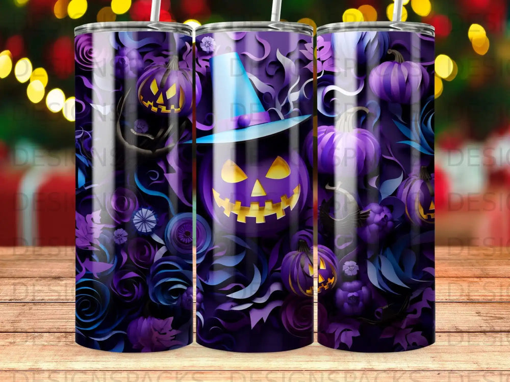 Halloween tumbler with purple pumpkins, jack-o'-lantern, and witch hat design.