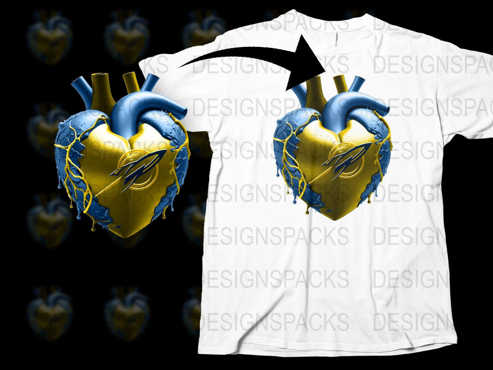 Unique Heart Anatomy Graphic T-Shirt, 3D Gold Blue Heart Design, Stylish Unisex Tee, Trendy Artistic Top, Cool Casual Wear
