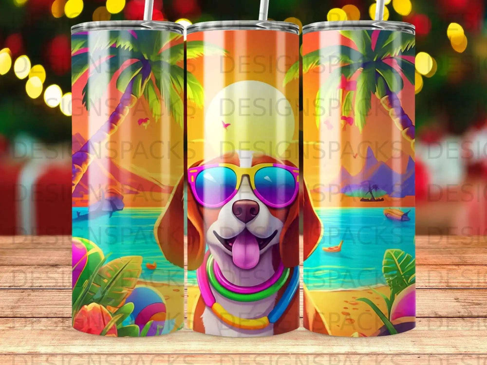 Dog wearing sunglasses and a colorful necklace on a beach.