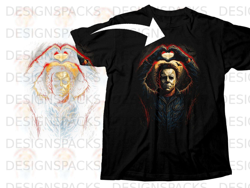 Michael Myers forming heart hands on black t-shirt.