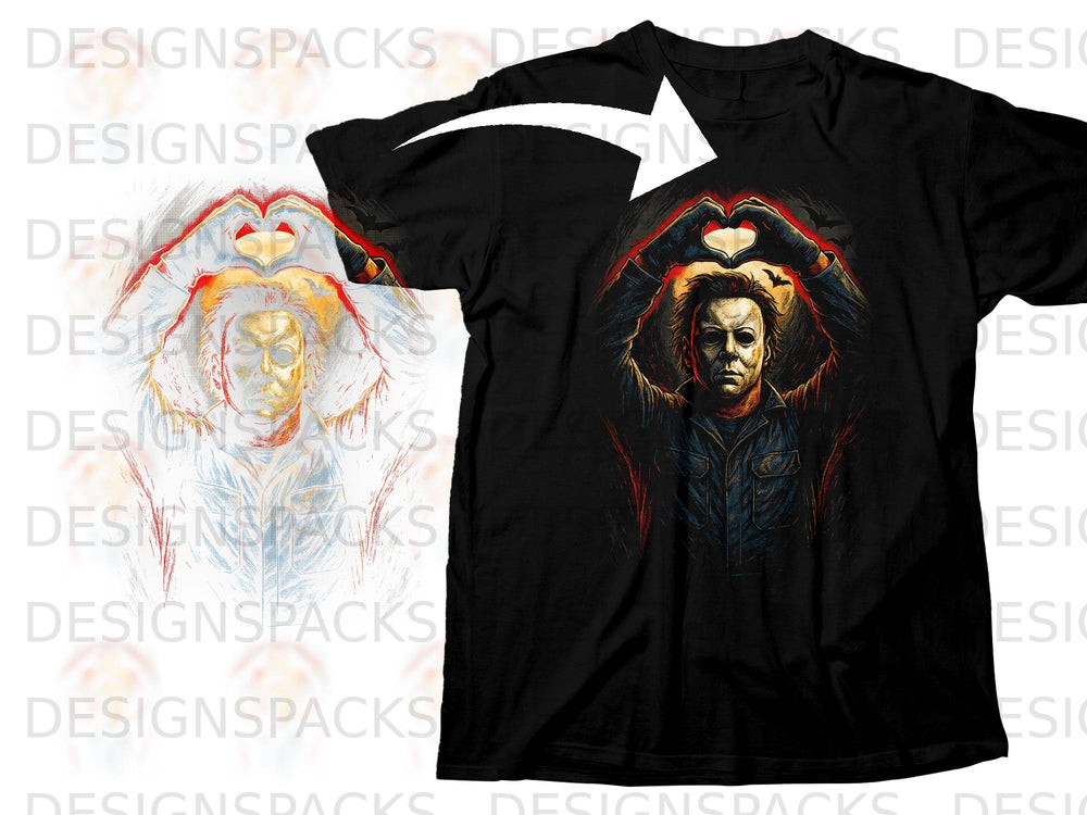 Michael Myers forming heart hands on black t-shirt.
