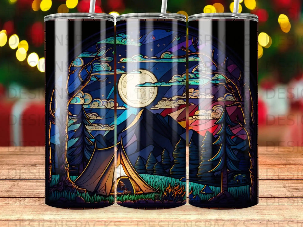 Glowing tent under a starry night sky with a full moon and mountains.